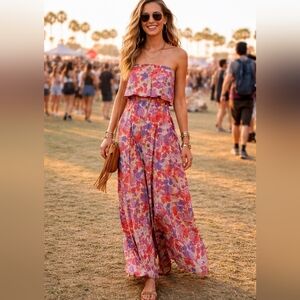 Japna Floral Maxi Dress Festival Boho Fold Over Floral Cottage Tassels 70s Beach